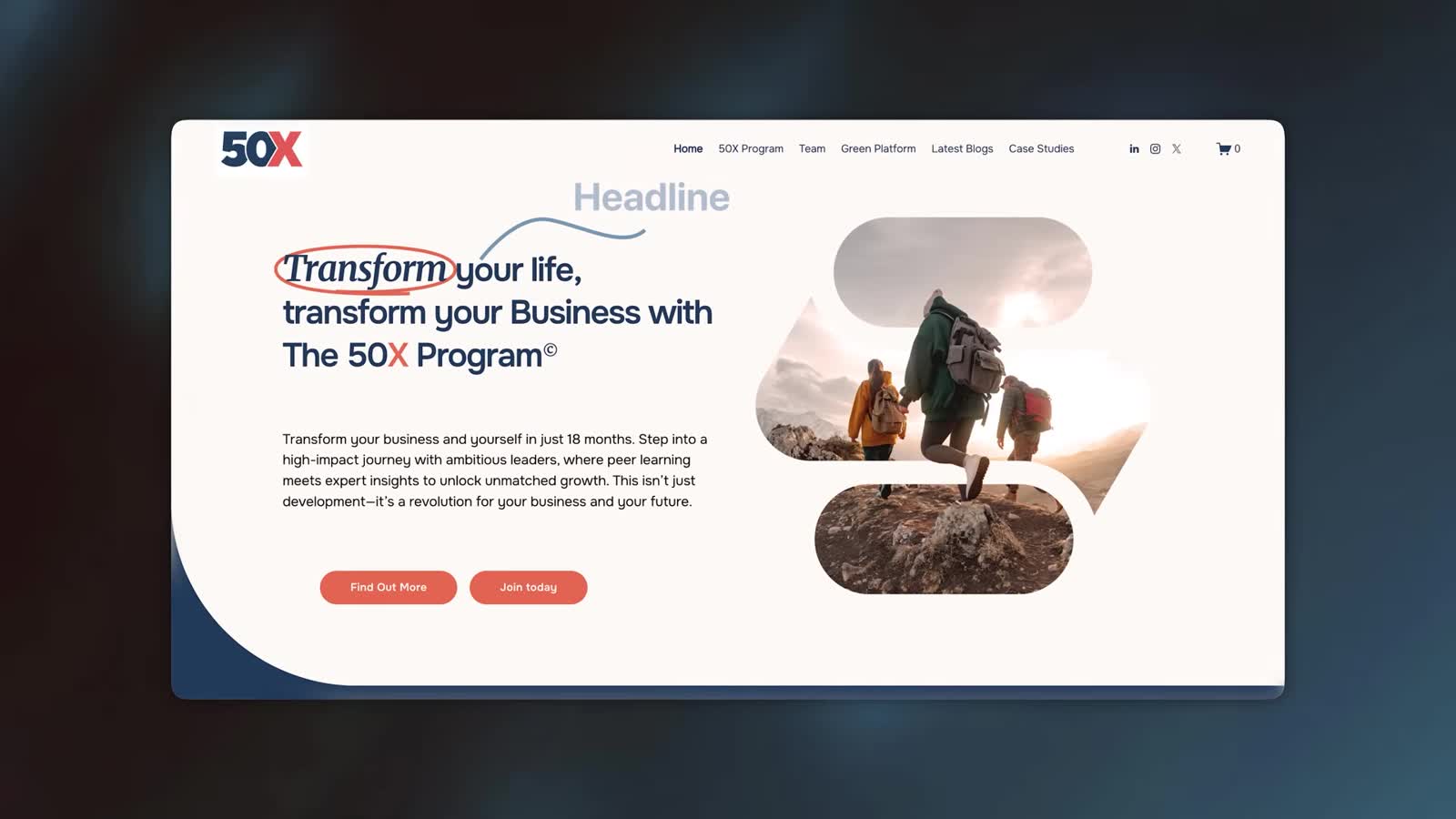 Row 25: The 50X Program, homepage and landing page