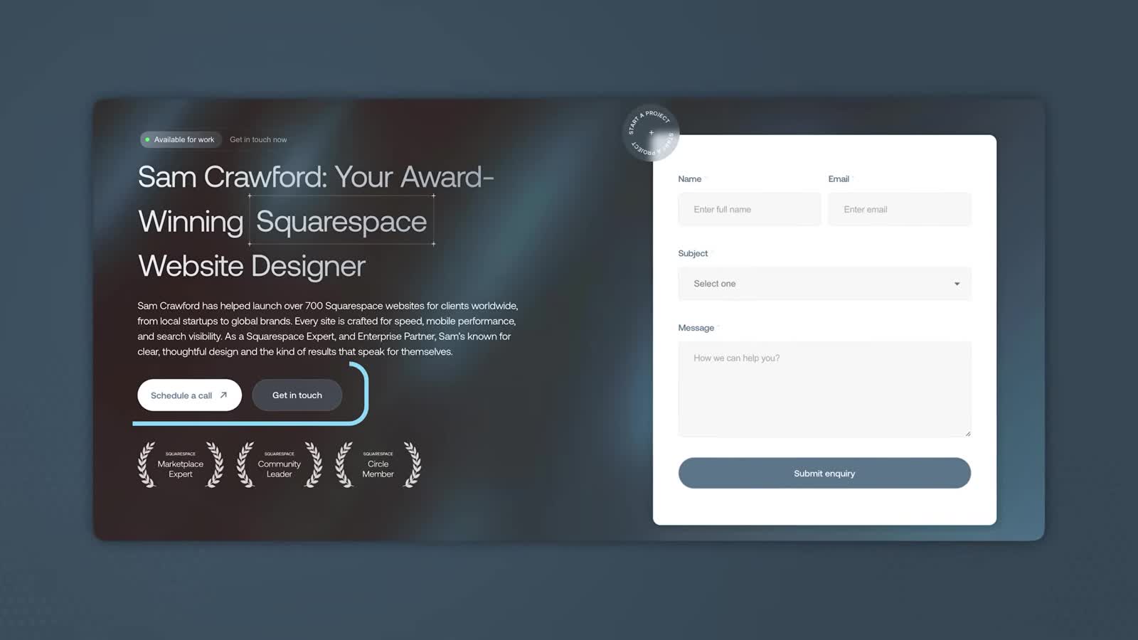 Row 29: Crawford's own pages: designer page, Start a Project, badges footer, Web Designer New York